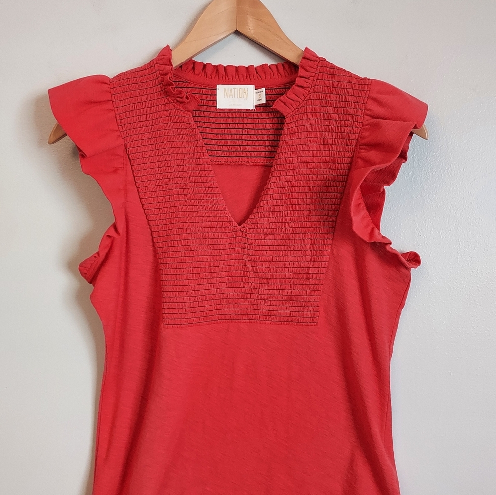 Nation LTD Habida Rouge Red Smocked Flutter Sleeve Top Size Small - Picture 5 of 11